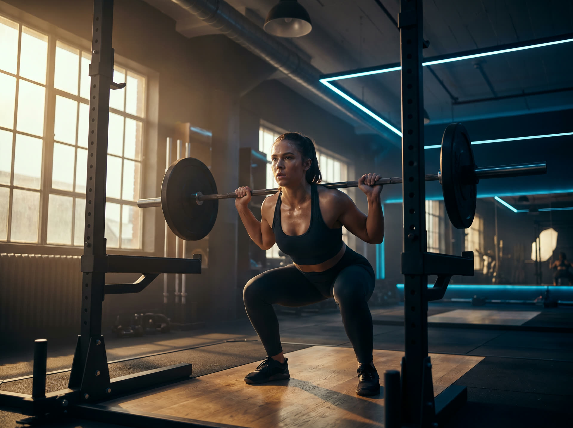 Athlete performing a barbell squat in a modern gym