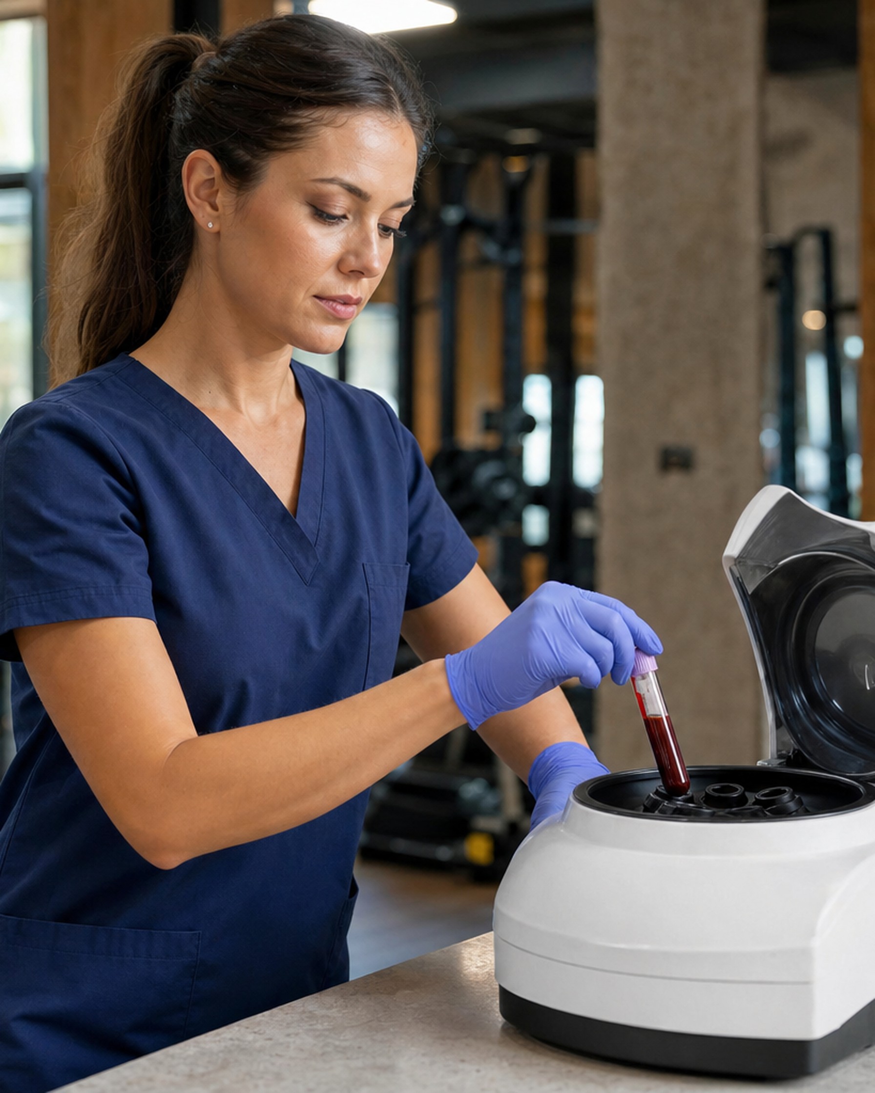 Hydro Fit Lounge nurse loading a blood sample vial into a centrifuge for biomarker testing