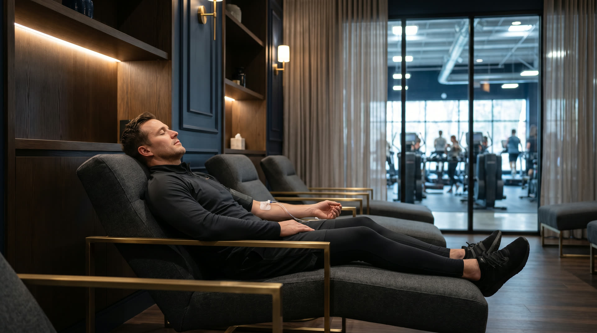 Athlete relaxing in a premium IV recovery lounge chair inside a modern gym