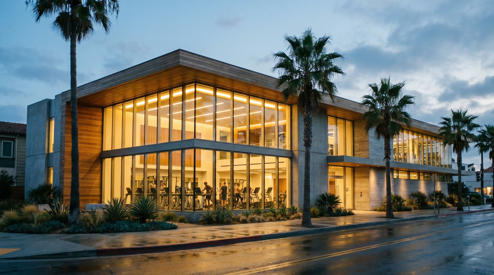 Modern gym exterior at dusk